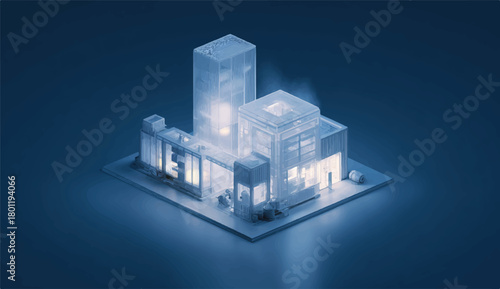 Isometric Illustration of a futuristic Industrial Complex in monochrome blue tones