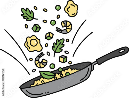 Vector art of cooking ingredients in a frying pan isolated on