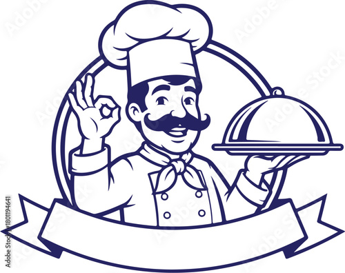 Vector art of chef holding a platter with okay hand gesture, isolated on