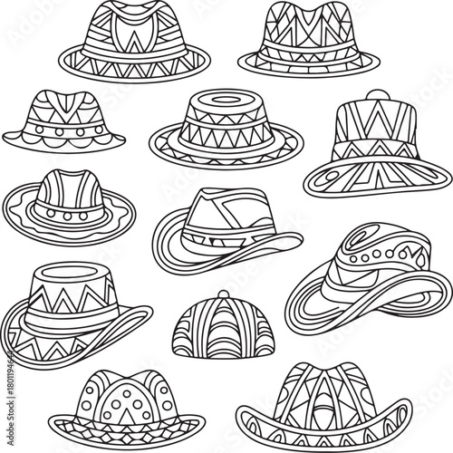 Hat icon set, fedora, sun hat, cap, tribal pattern, ethnic fashion, accessory, headwear