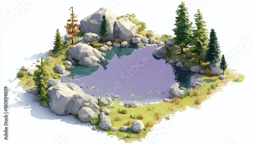 Low Poly Isometric Lake Scene with Rocks and Evergreen Trees Artwork