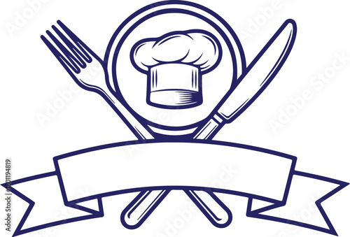 Vector art of chef hat with fork and knife isolated on