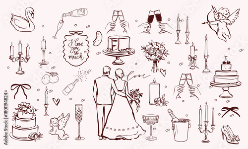 Hand drawn chalk cheers. Hands with champagne glass drawings for wedding invitations, menus and parties. Doodle art template. Clipart vintage ink doodle sketch style