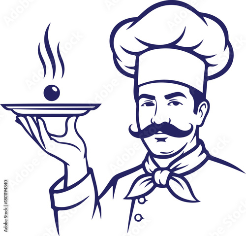Vector art of chef with mustache serving a dish isolated on