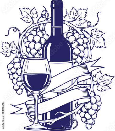 Vector art of wine bottle and glass with grapes and ribbon isolated on