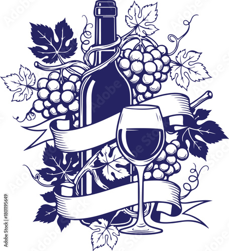 Vector art of bottle of wine and glass with grapes and ribbon