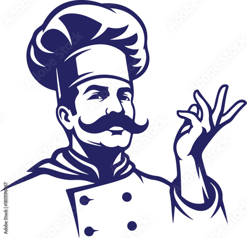 Vector art of chef with mustache and toque, isolated on