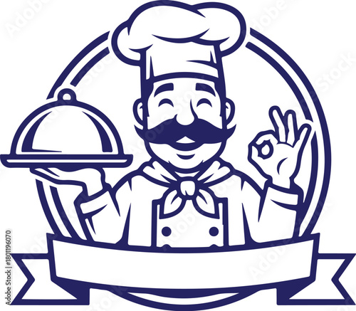 Vector art of happy chef with food cloche and ok sign, isolated on