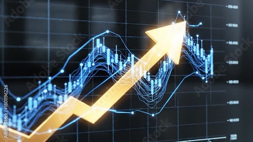 A digital visualization of financial data, featuring an upward arrow and fluctuating graphs