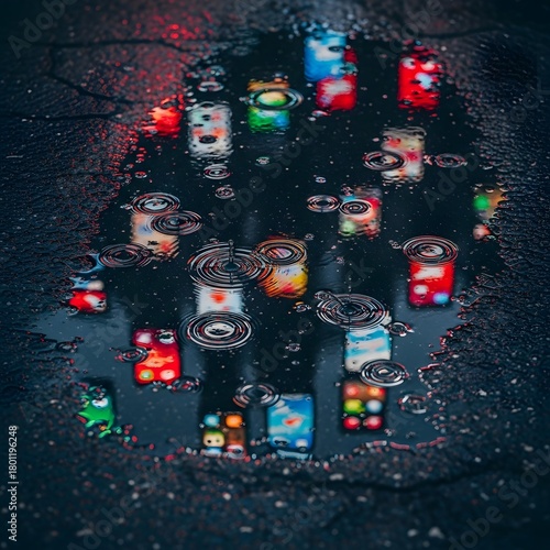 Colorful illuminated objects reflected on a wet surface with raindrops creating ripples in a dark environment, capturing a vibrant and moody atmosphere