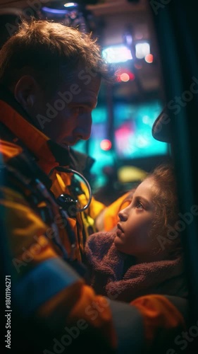 Hopeful Rescue: A firefighter provides comfort and security to a rescued child, symbolizing bravery, compassion, and the triumph of hope in the face of adversity.