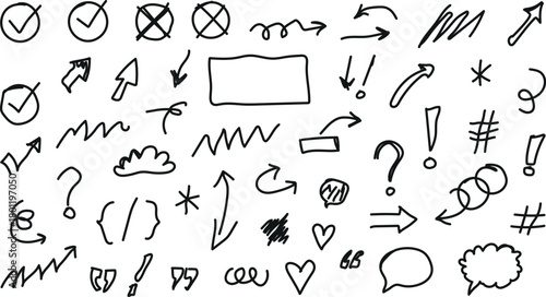 Collection of handdrawn black sketch elements including arrows, checkmarks, question marks, hashtags, and speech bubbles