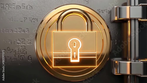 Golden padlock icon with glowing keyhole on a metallic safe door background, symbolizing digital security and data protection.