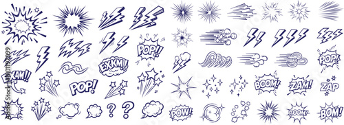 Vector art of set of comic book explosion and action sound effect doodles isolated on