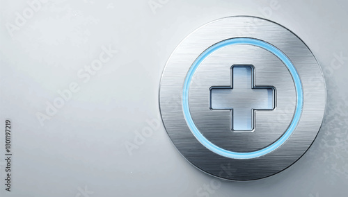 Medical Plus Sign Illuminated in a Brushed Metal Button Design