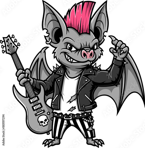Punk Rock Bat Mascot Playing Electric Guitar