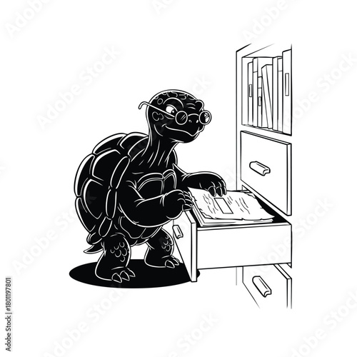 Turtle silhouette librarian arranging files in cabinet on white background illustration vector.