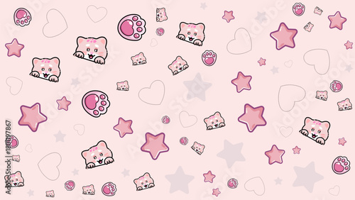 Playful background of smiling cat faces with star, dash love on a light pink backdrop. Bright and happy pattern background ideal for cat lover content, pet shop intros, or cheerful digital
