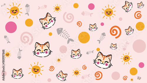 background seamless pattern featuring brown cat paws, fish bones, and geometric shapes on a warm orange pastel background. Cozy and playful background pattern design perfect for pet shop videos