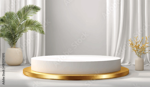 Minimalist product display podium with elegant gold base and plants