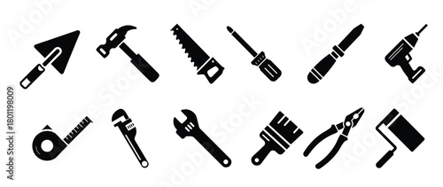 hand tool icons set solid black minimal silhouettes .