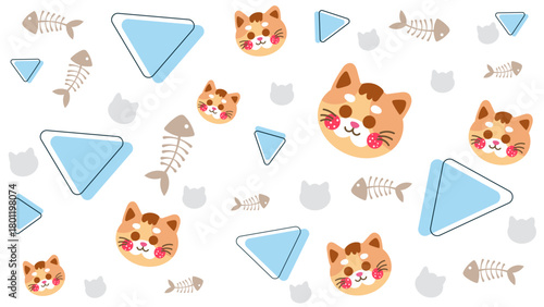 Bright white background pattern with cartoon cat faces, blue geometric shapes, and fishbone details. Modern and clean background pattern ideal for pet shop, cat food branding, or animal care