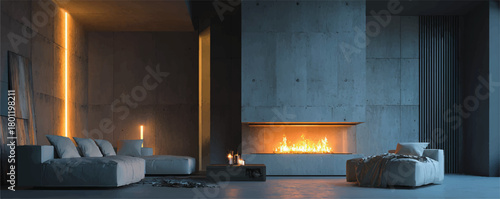 Modern Concrete Living Room with Fireplace and Ambient Lighting Design