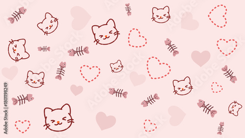 Minimal pink cat pattern with fish bones and hearts background. Perfect background for love themed pet products or romantic cat illustrations.