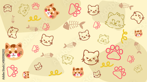 Yellow pattern background featuring various cat faces, paw prints, and motion fishbone patterns. Cheerful and bright concept suitable for pet care brands or children education