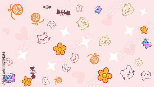 Playful line art cats and flowers with pink pastel shining background. Minimal and warm pattern ideal for cat brand promotions or cute pet shop visual identities.