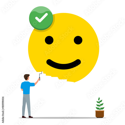 concept of Happiness and positive thinking, optimism or motivation for happy life, happy man climbing stairs to paint smilling face on wall. 