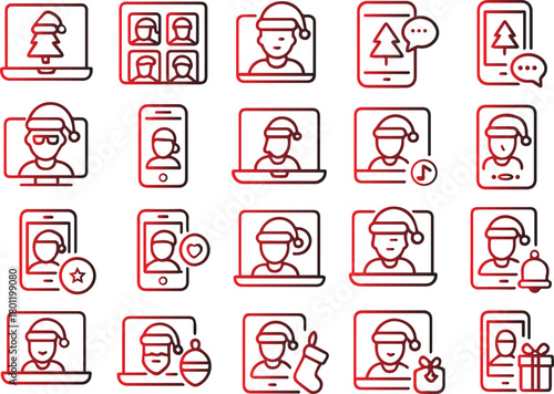 Line art illustration isolated on white background featuring people wearing santa hats on various devices, symbolizing virtual holiday gatherings