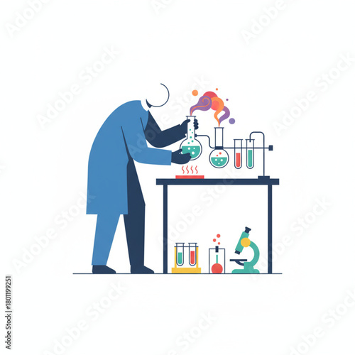 A scientist in a lab coat performing an experiment with glassware and a microscope.