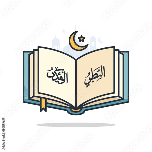 Open Holy Quran with Crescent Moon and Star Symbol.