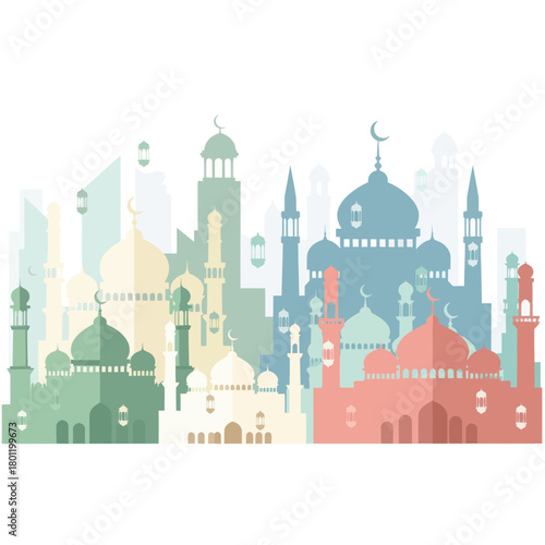 Colorful Islamic Mosque Skyline Silhouette Art.