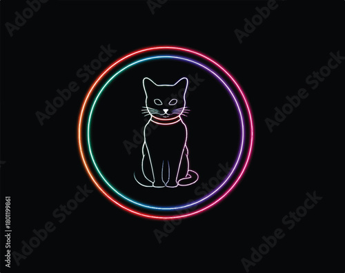 Neon cat illustration glowing brightly on a dark background with collar