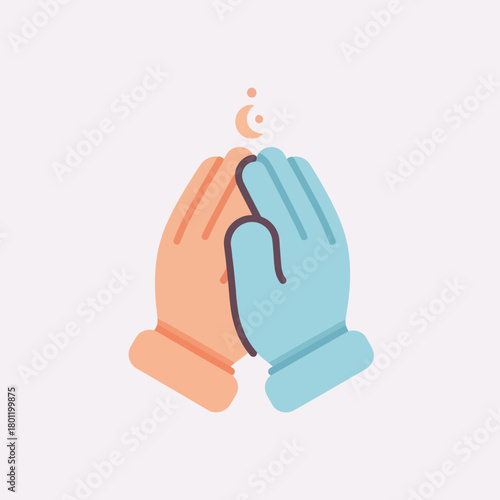 Two hands praying together with Islamic symbols above.