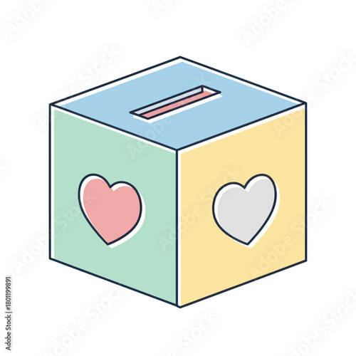 Isometric View of a Pastel Charity Box with Hearts.