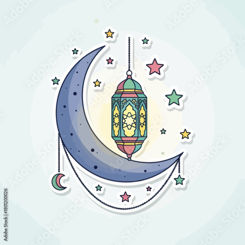 Islamic crescent moon with a hanging Ramadan lantern and stars.