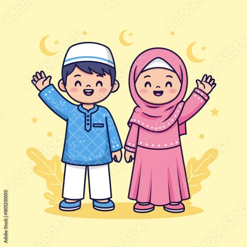 Cute cartoon Muslim boy and girl waving their hands.