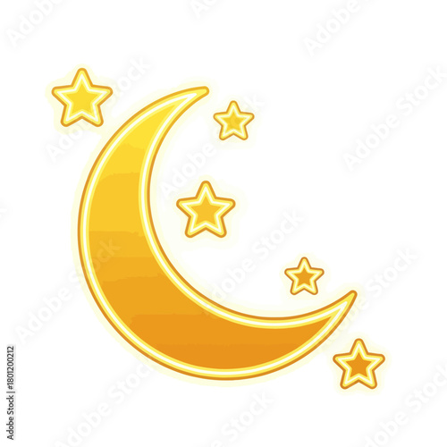 Stylized yellow crescent moon with small stars illustration.