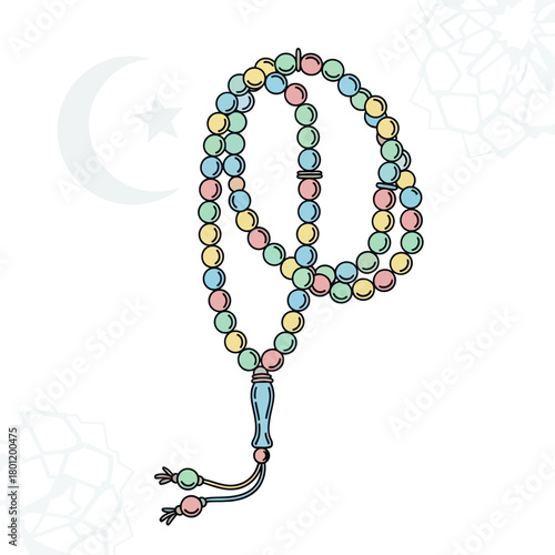 Colorful Islamic prayer beads or tasbih illustration.