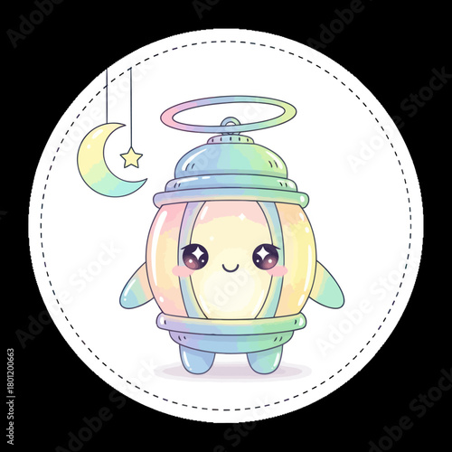 Cute Kawaii Lantern Character with Crescent Moon and Star.