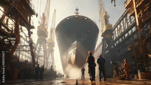Maritime Marvel: A colossal vessel dominates the scene within a shipyard, surrounded by industrial cranes, as workers meticulously carry out their duties.
