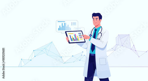 Medical Professional Presenting Data Analysis and Digital Graphs on a Tablet in a Modern Setting