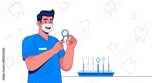 Dentist Examining Teeth, Showing Dental Health, Using Medical Tools, Hygiene and Care