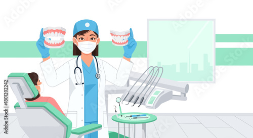 Dentist Smiling And Showing Dental Model, Patient in Chair, Medical Illustration