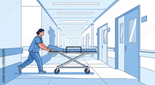 Hospital Corridor Depicting A Healthcare Professional Transporting A Stretcher, Moving Quickly