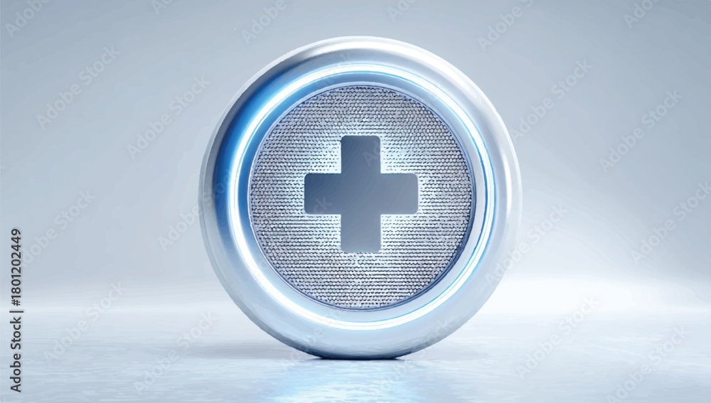 Obraz premium Shiny silver button with a plus sign glowing with blue neon light