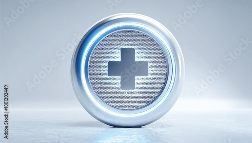 Shiny silver button with a plus sign glowing with blue neon light
